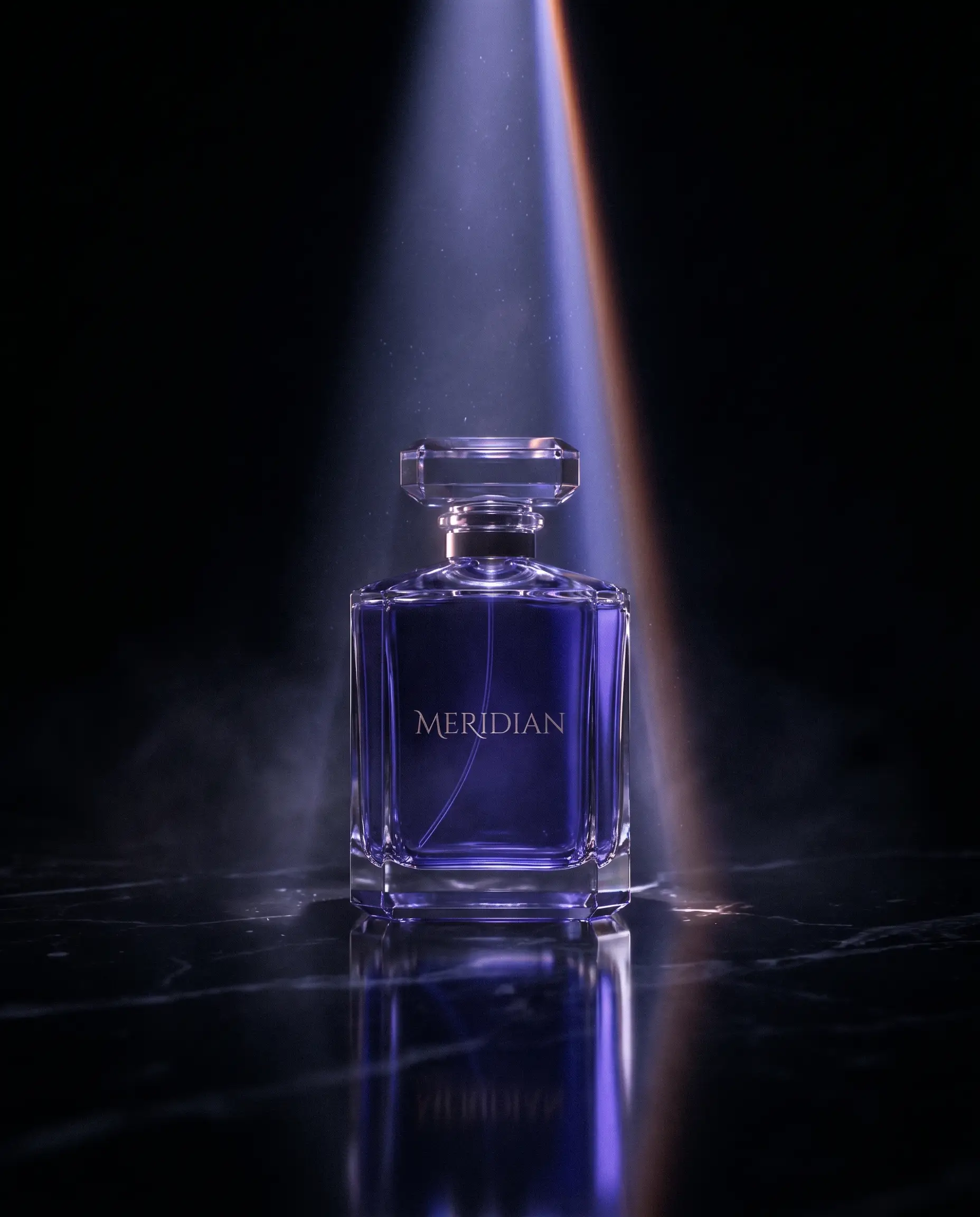 MERIDIAN eau de parfum, blue-toned crystal flacon.